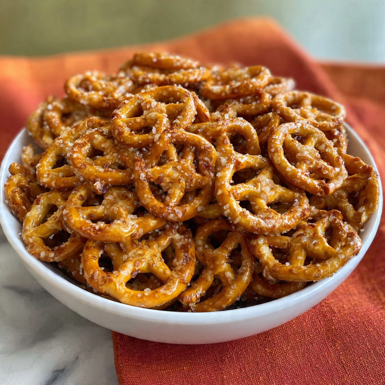 A white bowl filled with many small, crunchy pretzel twists piled high, each piece showing a golden brown color with a slightly shiny texture from seasoning, sitting on a white marbled surface with an orange and muted green blurred background, photo taken with an iphone --ar 4:5 --v 7