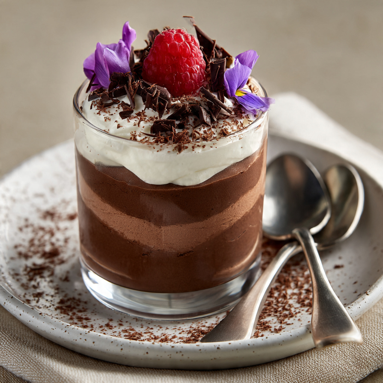 Chocolate Mascarpone Mousse with Espresso Recipe 5 The dessert is served in a clear glass showing three layers: the bottom and middle layers are rich, dark brown chocolate mousse with a smooth and creamy texture, and there is a lighter swirl or hint of cream near the bottom. The top layer is a thick, fluffy white whipped cream placed in a dollop on the mousse. On top of the whipped cream, there is a fresh red raspberry, several small dark brown chocolate curls scattered around, and a couple of small purple edible flowers adding a pop of color. The glass sits on a white speckled plate, surrounded by a light beige cloth with a few chocolate shavings tossed around. Two silver spoons rest nearby, and the background is a white marbled surface. photo taken with an iphone --ar 4:5 --v 7