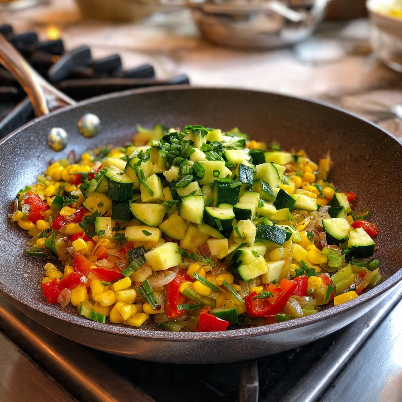 This image shows a deep gray frying pan filled with two layers of food. The bottom layer is a cooked mix of small yellow corn pieces, red bell peppers, and browned onions or other vegetables, creating a colorful and chunky texture. Sitting on top is a thick layer of chopped green zucchini, cut into medium-sized semi-circles and cubes, with a fresh, light green and white color. The pan is placed on a stove with a shiny metallic handle visible in the front. The background has a white marbled kitchen counter. photo taken with an iphone --ar 4:5 --v 7
