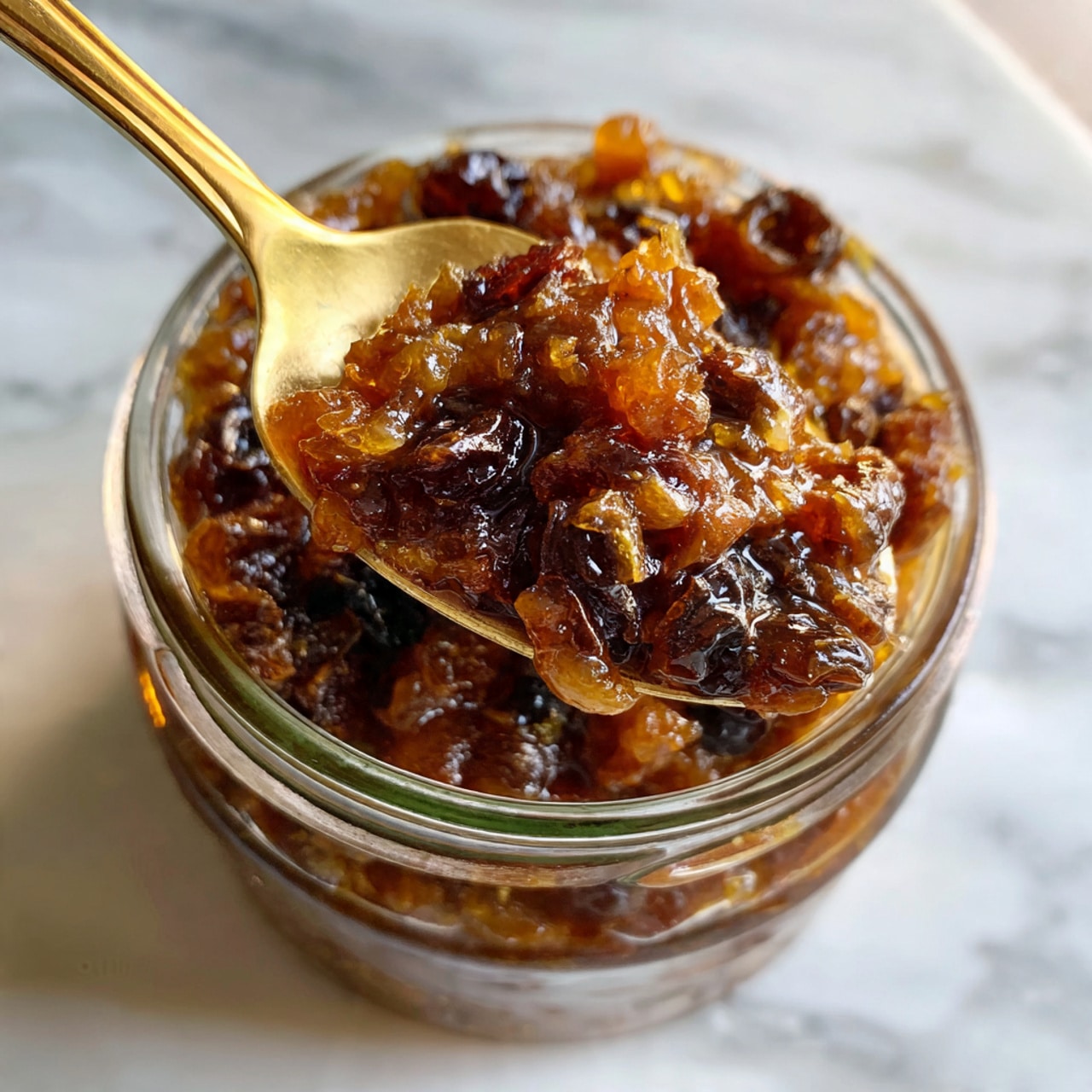 A close-up image of a glass jar filled with dark, sticky chutney made of small chunks of fruits and spices, showing a rich brown color with hints of orange and black. The chutney has a glossy, thick texture and is being lifted by a golden spoon, showing the chunky pieces of fruit like apples or pears mixed with dark spices. The jar has a metal clasp and is sitting on a white marbled surface, slightly messy with bits of chutney on the jar's rim. Photo taken with an iphone --ar 4:5 --v 7