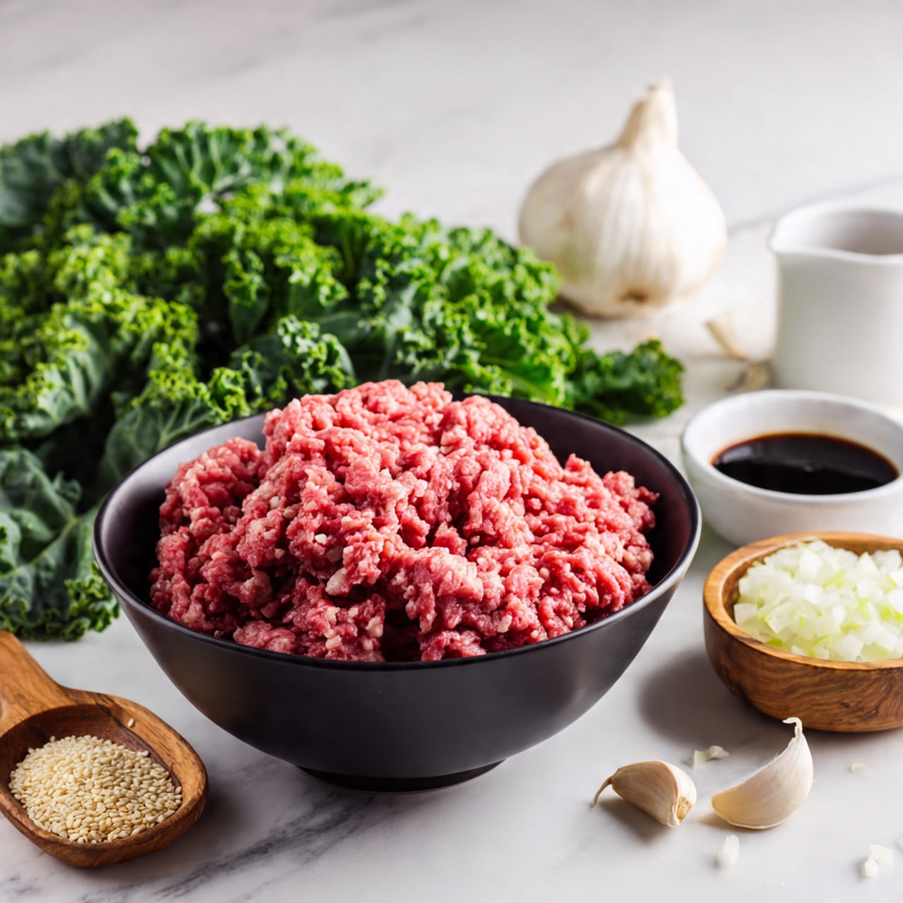 A black bowl filled with a mound of raw ground meat, showing its pink and red texture and small uneven chunks. Behind it, there is a pile of fresh green leafy vegetables with different shades of green and crinkled leaves. To the right of the bowl, there are two whole garlic cloves next to a small white bowl filled with finely chopped white onions and a small wooden bowl full of pale yellow sesame seeds, some scattered on the white marbled surface. Further behind, there is a bulb of garlic and a white cup filled with dark soy sauce. Photo taken with an iphone --ar 4:5 --v 7