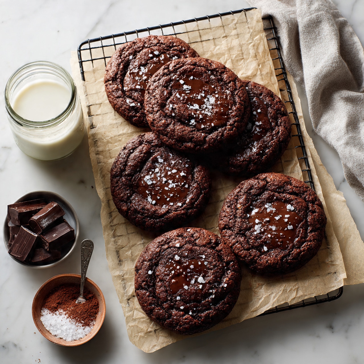Six round, thick dark brown chocolate cookies with melted chocolate chunks on top rest on crumpled white parchment paper placed on a round metal cooling rack. Some cookies have a glossy, melting chocolate texture and are sprinkled with coarse white salt. Small pieces of dark chocolate are scattered around the parchment. To the right, there is a small silver bowl filled with dark chocolate chunks and a small silver fluted bowl of coarse salt. A metal sieve with cocoa powder dust spreads faintly on the white marbled surface. A glass jar of milk with white liquid inside stands nearby. photo taken with an iphone --ar 4:5 --v 7