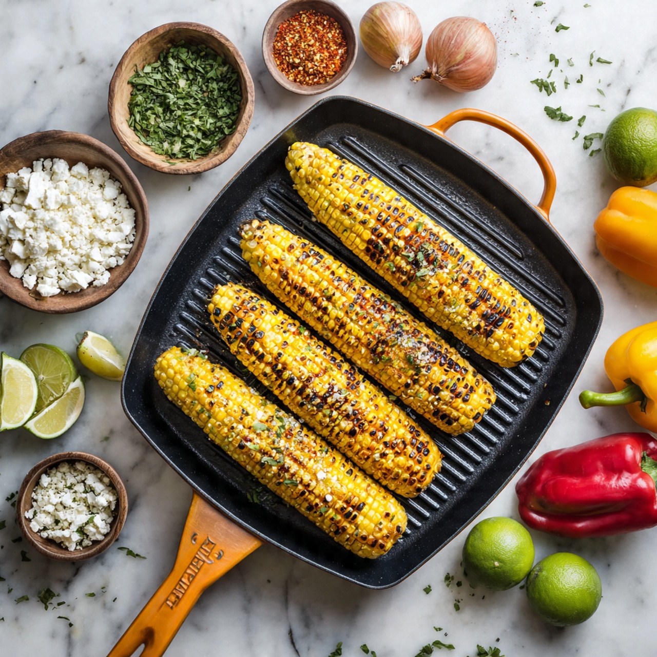 Four grilled corn cobs with charred black spots line up horizontally in a black grill pan with an orange handle in the center. Around the pan, on a dark wooden surface, are small bowls with red spices, green chopped herbs, and white cheese. Bright lime halves and colorful peppers add green and red accents. The background is changed to a white marbled texture. photo taken with an iphone --ar 4:5 --v 7