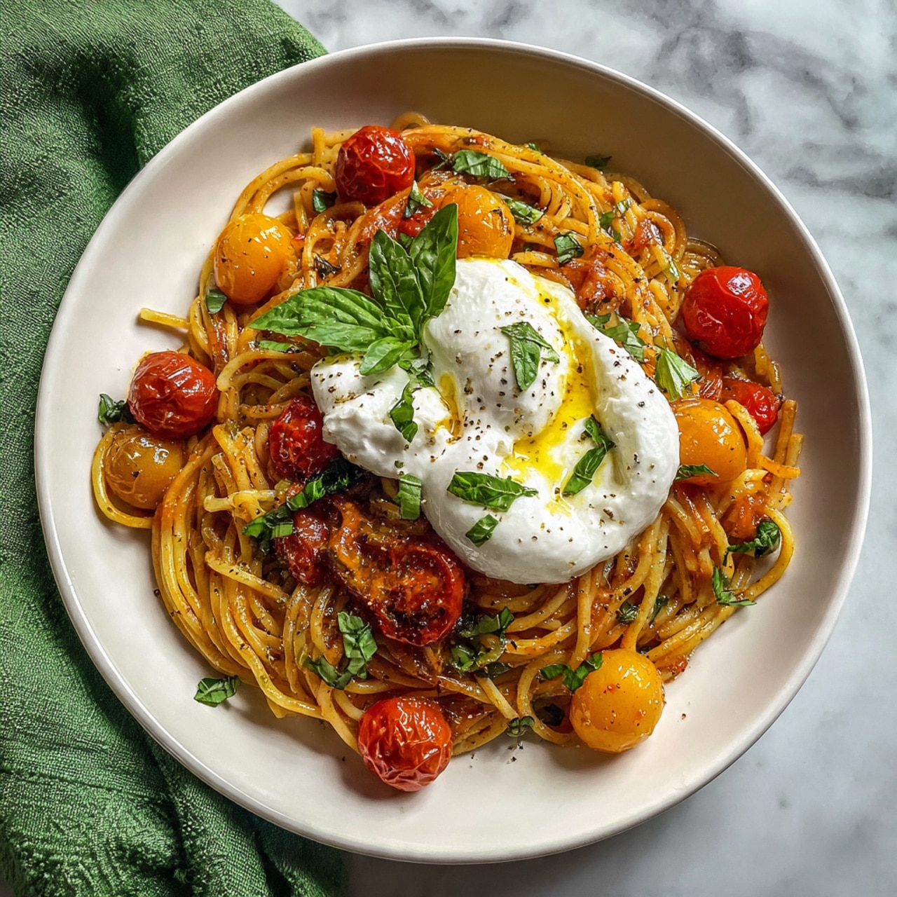 A close-up view of a white plate filled with a layer of spaghetti mixed with bright red cherry tomatoes and a light tomato sauce, creating a warm orange-red base. On top, there is a dollop of soft white cheese with a creamy texture, drizzled with golden olive oil. Scattered around are fresh green basil leaves, adding a bright pop of color. The plate sits on a white marbled surface with a green cloth partially visible on the side. photo taken with an iphone --ar 4:5 --v 7