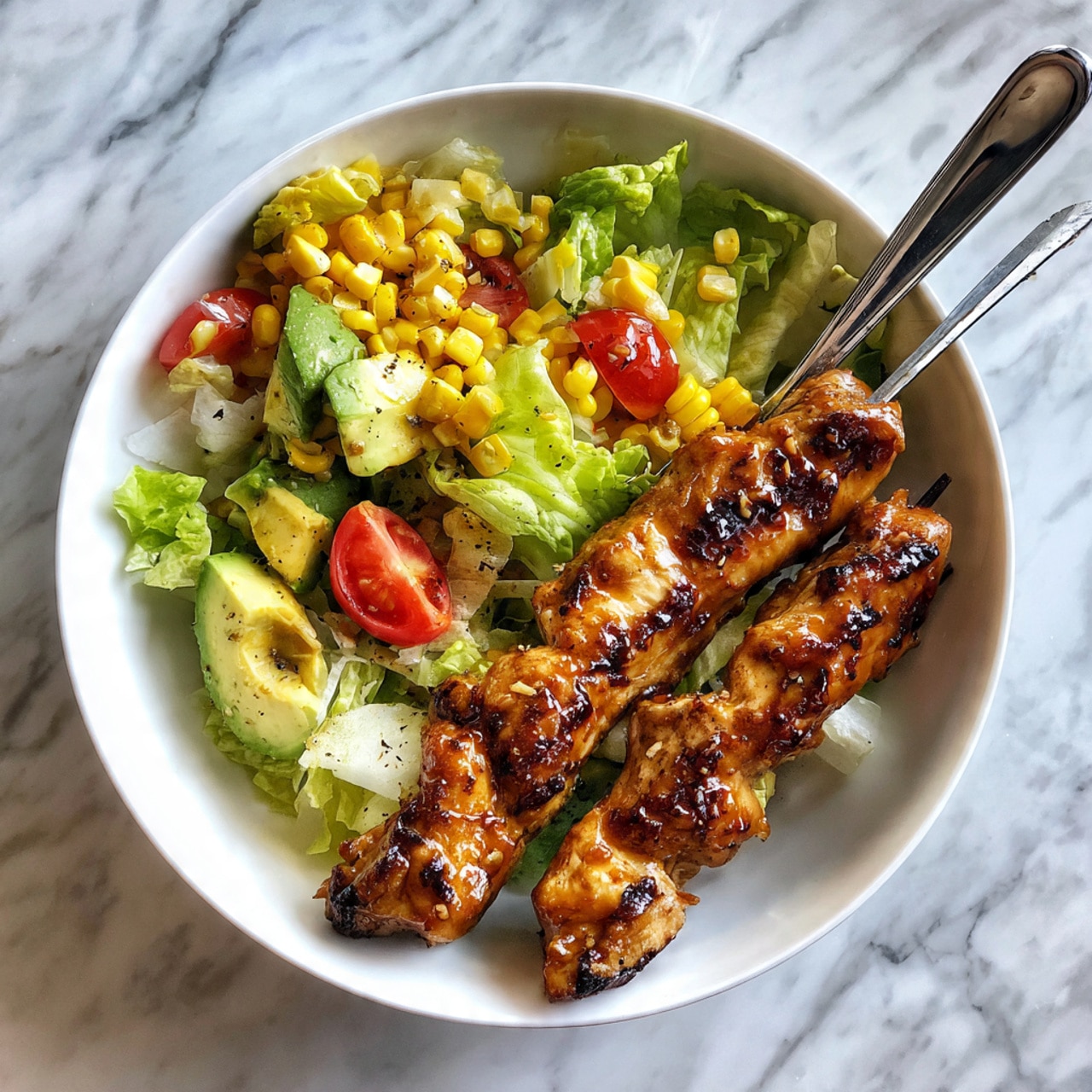 A white bowl filled with two wooden skewers of grilled meat coated in a shiny brown sauce, placed on the left side of the bowl. On the right side, there is a fresh salad made of light green lettuce, yellow corn kernels, pale green avocado pieces, and red tomato slices, all lightly mixed together. A silver fork rests inside the bowl, leaning on the edge and partially buried in the salad. The bowl sits on a white marbled surface. photo taken with an iphone --ar 4:5 --v 7
