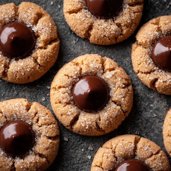 The image shows several round peanut butter cookies laid flat on a dark surface with a slightly rough texture. Each cookie has a cracked golden brown outer layer covered lightly with sugar crystals, giving them a grainy look. In the center of each cookie is a smooth, shiny, dome-shaped chocolate piece that is slightly darker brown and stands out against the lighter cookie base. The cookies are closely arranged, almost touching each other, and fill the entire frame. Photo taken with an iphone --ar 4:5 --v 7