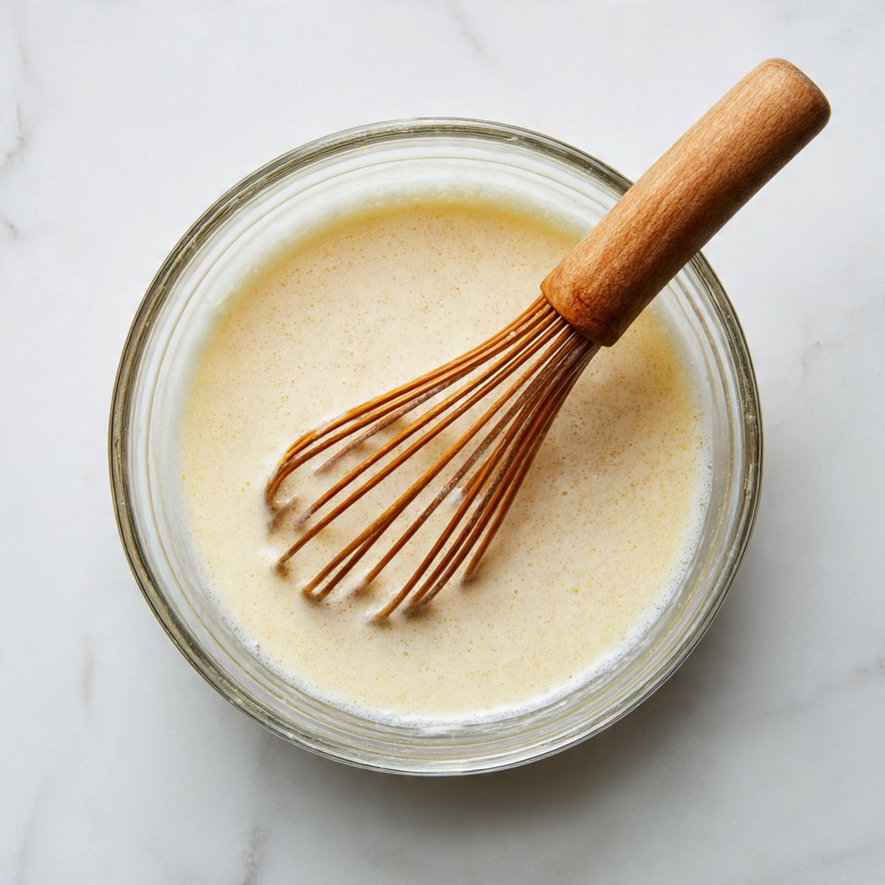 A clear glass bowl sits on a white marbled surface, holding a pale yellow, creamy mixture with a slightly grainy texture. Inside the bowl, a metal whisk with a light wood handle rests on top of the mixture, casting a soft shadow. The mixture covers the bottom of the bowl evenly, showing a smooth but slightly thick consistency. The edges of the glass bowl catch the light, making the bowl look shiny and clean. photo taken with an iphone --ar 4:5 --v 7