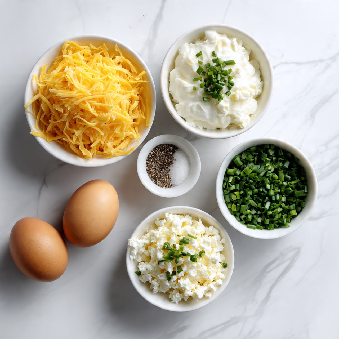 The image shows six brown eggs in an open carton on a white marbled surface. Next to the eggs, there are five small white bowls arranged in a loose circle. One bowl holds shredded orange cheese with a rough texture and many thin strips. Another bowl contains cottage cheese, which looks white and lumpy. A smaller bowl is filled with finely chopped green chives, bright and fresh. There are also two tiny bowls, one with black pepper and the other with salt, both appearing finely ground and granular. All the bowls are white with a textured surface. The scene is bright and clean, with a soft natural light. Photo taken with an iphone --ar 4:5 --v 7