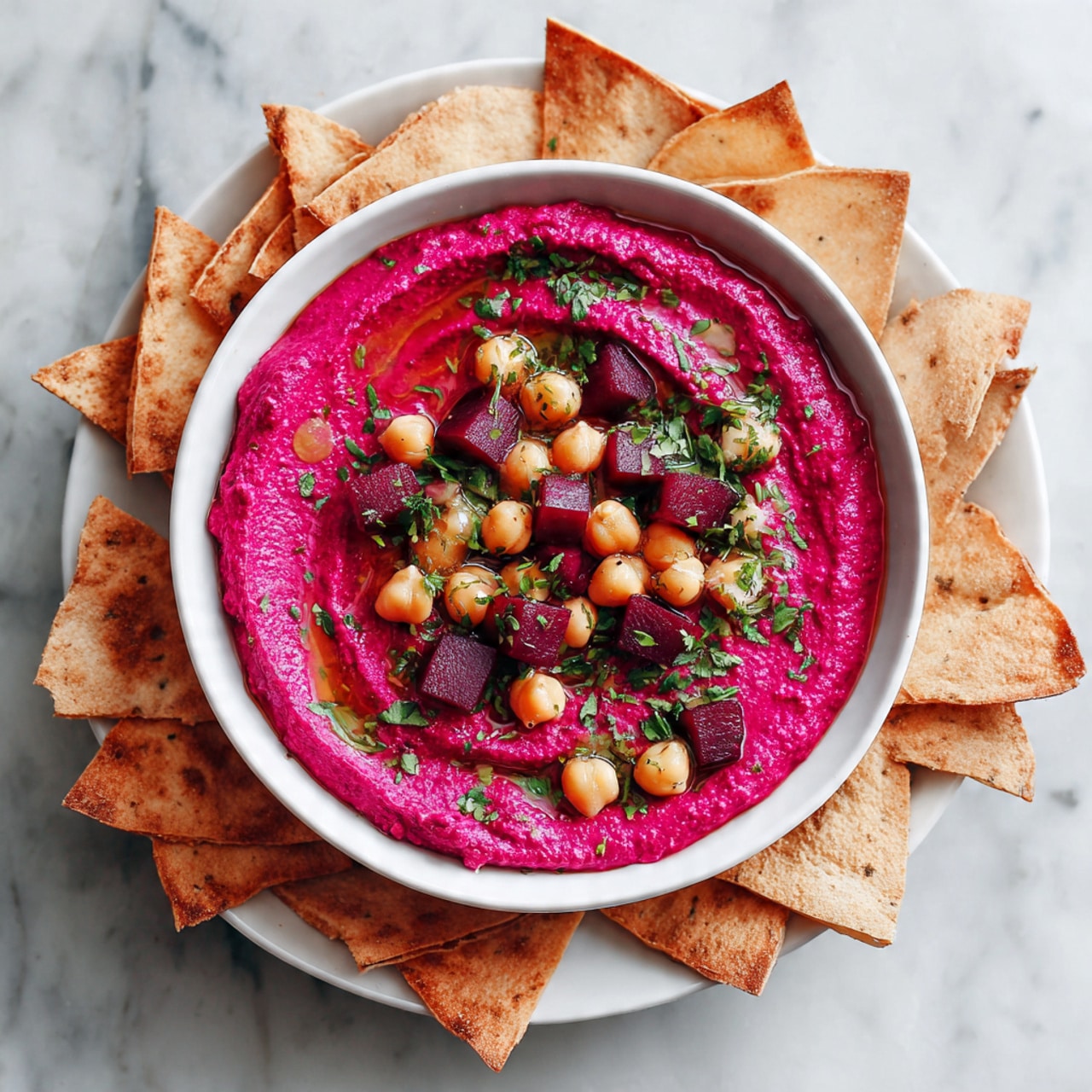 A white bowl filled with smooth, bright pink hummus topped with small dark red beet cube pieces, whole yellow chickpeas, and finely chopped green herbs. The hummus surface shows swirled texture with some depth. Around the bowl are triangular white pita chips with toasted spots, placed on a white marbled surface. Photo taken with an iphone --ar 4:5 --v 7