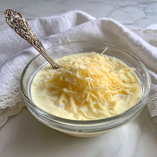 A clear glass bowl is placed on a white marbled surface, filled with a mix of creamy white liquid and light yellow chunks at the bottom, topped with a pile of shredded pale yellow cheese in the center. A silver spoon with a decorative handle rests inside the bowl, partially submerged in the mixture. A soft white cloth is placed nearby on the surface. photo taken with an iphone --ar 4:5 --v 7