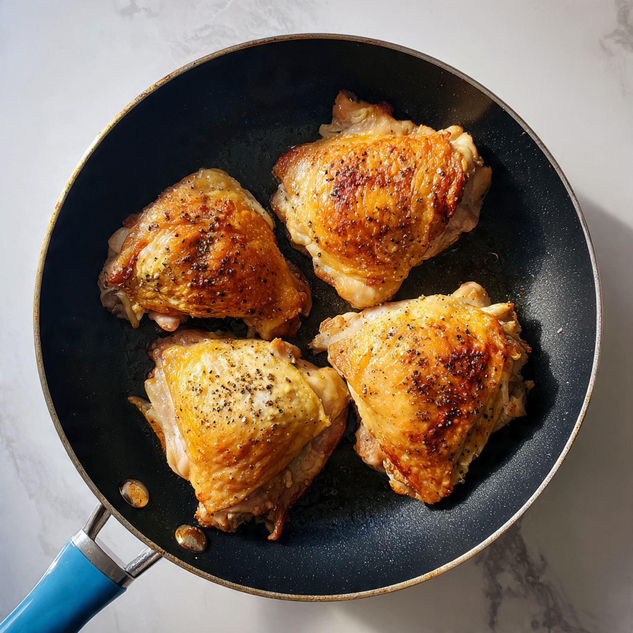 The image shows four pieces of golden brown chicken cooking in a black pan. Each piece has a slightly different shape and is seasoned with visible pepper and light spices. The chicken looks cooked on one side with crisp edges and juicy texture. The pan has a blue handle and rests on a white marbled surface. The lighting highlights the textures and colors of the cooked chicken. photo taken with an iphone --ar 4:5 --v 7