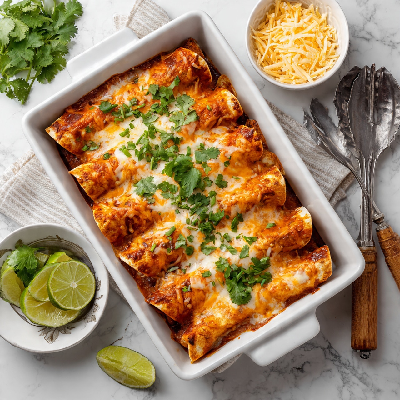 A white rectangular baking dish with a red handle is filled with eight rolled enchiladas placed side by side. Each enchilada is covered in a bright orange sauce and sprinkled with melted white cheese, creating a bubbly, slightly browned top layer. Small green cilantro leaves are scattered on top for color contrast. The baking dish sits on a white marbled surface, surrounded by fresh cilantro sprigs, lime wedges on the left, a small white bowl with shredded cheese at the top, and a fork and knife placed on a white plate with blue stripes in the bottom left corner. A green cloth napkin is visible on the bottom right. Photo taken with an iphone --ar 4:5 --v 7