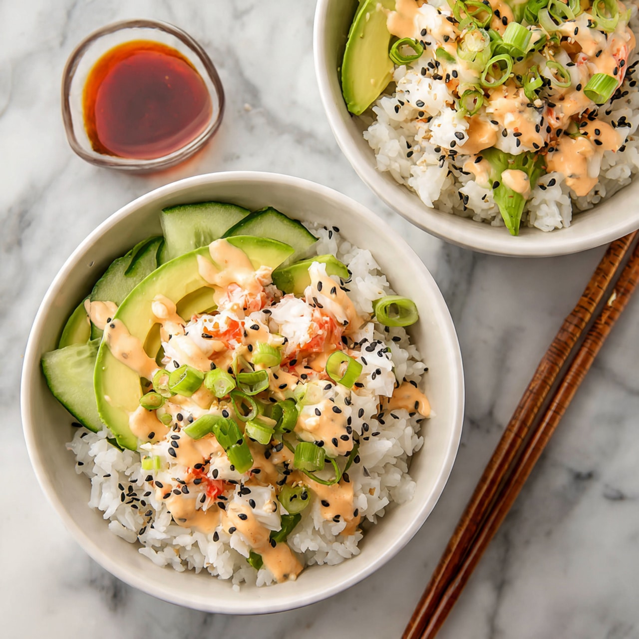 Two white bowls sit on a white marbled surface, each filled with a colorful mix of diced white and red seafood pieces on one side, and light green avocado chunks on the other side. Alongside the avocado are dark green seaweed pieces and finely chopped green onions. A creamy light orange sauce is drizzled over the contents of both bowls, topped with scattered black and white sesame seeds, creating a fresh and vibrant look. Photo taken with an iphone --ar 4:5 --v 7