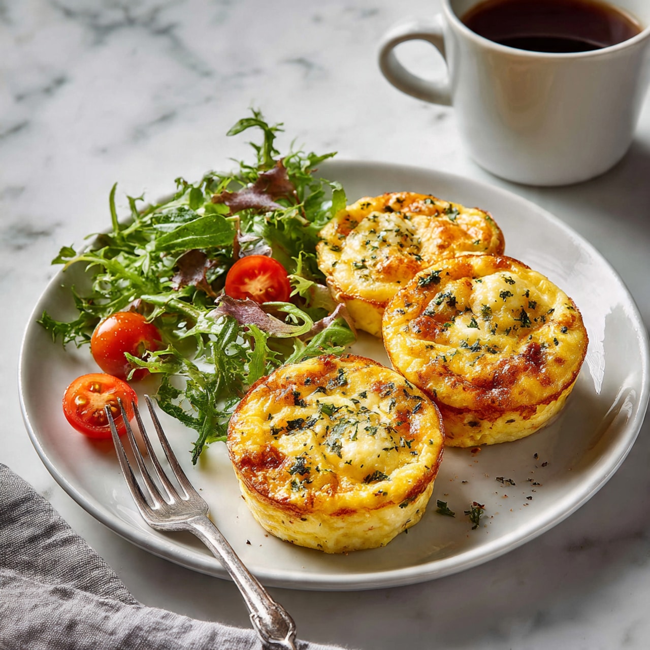 The image shows a white plate with three small golden egg muffins sprinkled with chopped green herbs, placed on the left side of the plate. One egg muffin has a bite taken out, revealing a soft texture inside. On the right side, there is a fresh green lettuce salad with halved bright red cherry tomatoes. A silver fork rests on the left edge of the plate, and bits of chopped herbs are scattered on the plate. The background is white marble, and in the top right corner, there is a white cup filled with dark coffee. photo taken with an iphone --ar 4:5 --v 7