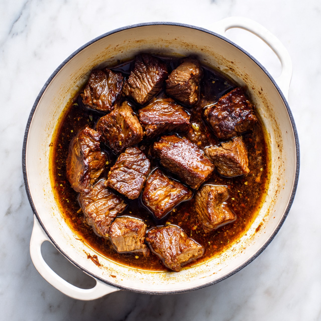 The image shows many small pieces of dark brown cooked meat inside a white pot. The meat pieces are irregular cubes, and they sit partly in a thin layer of brown sauce at the bottom. The inside edge of the pot is lightly stained with sauce. The lighting makes the meat look moist and tender. The background is a white marbled surface. Photo taken with an iphone --ar 4:5 --v 7