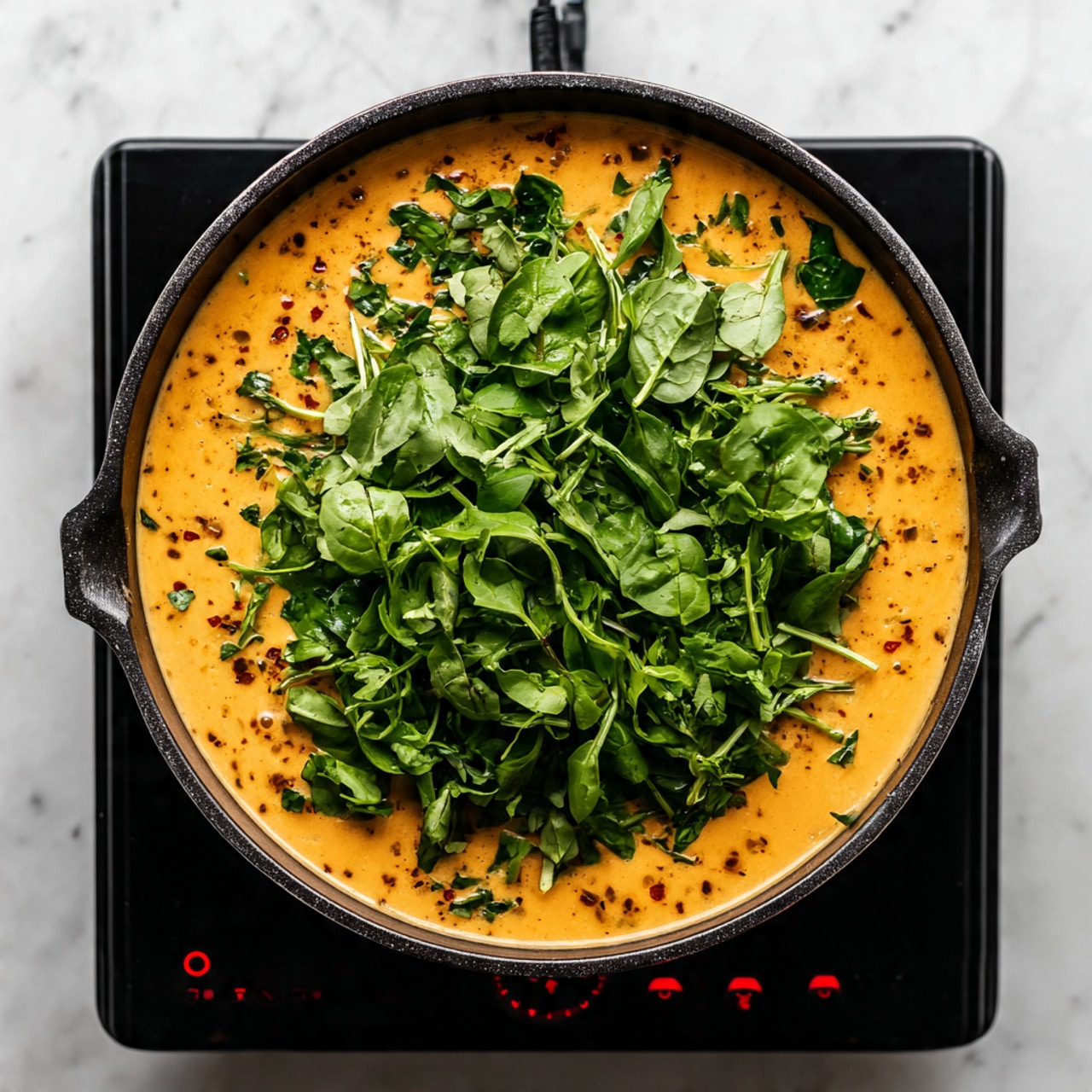 A round black pan filled with a creamy orange soup base with small bits of herbs and spices visible throughout. On top, there is a thick layer of fresh green spinach leaves scattered across, contrasting with the smooth orange soup underneath. The pan sits on a black induction cooktop with red digital numbers showing, placed on a white marbled surface. Photo taken with an iphone --ar 4:5 --v 7