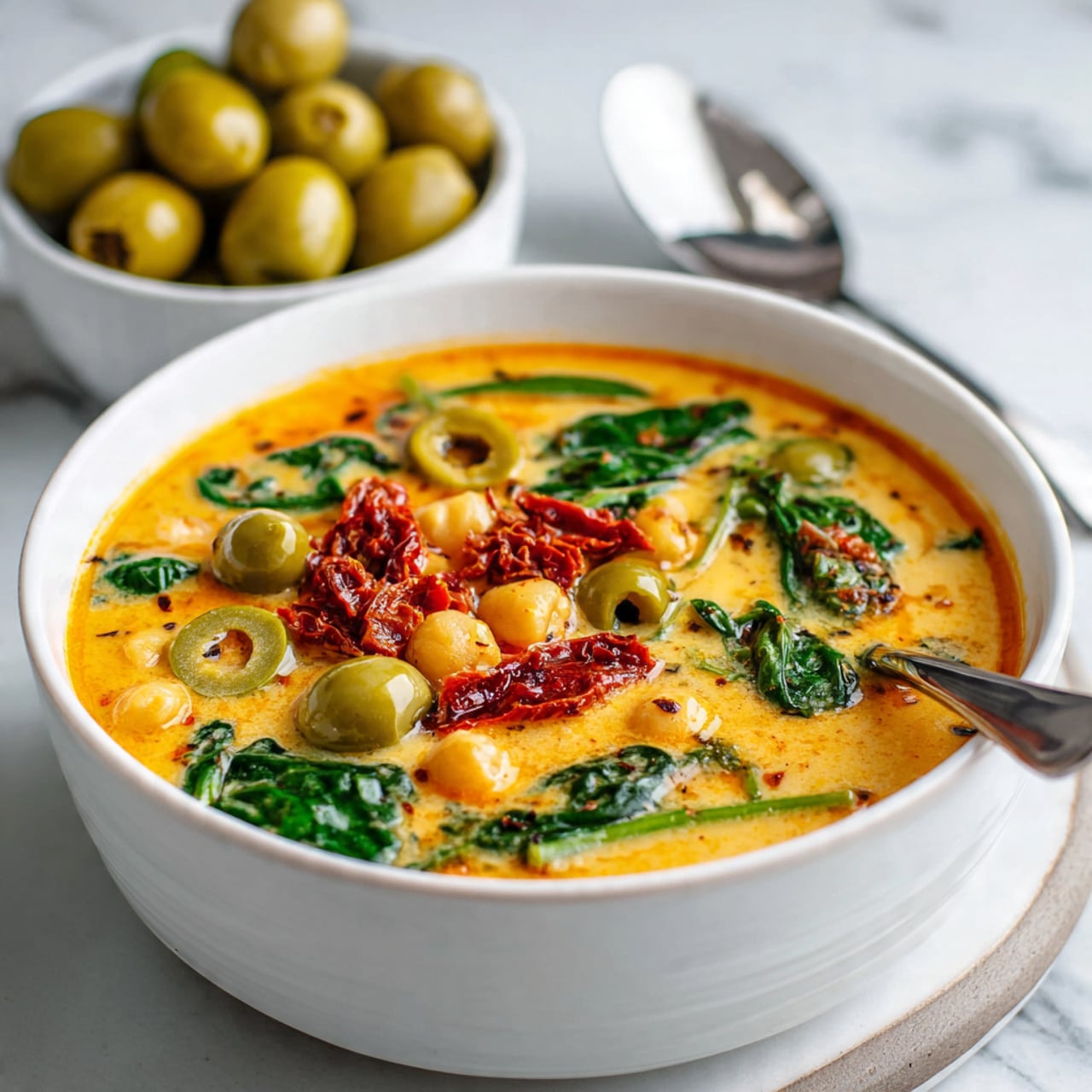 A white bowl filled with a creamy orange soup that has visible layers of green olive slices, small chickpeas, and bits of dark green spinach leaves. There are also small chunks of reddish sun-dried tomatoes mixed throughout the smooth soup. The bowl sits on a white marbled surface, with a spoon placed inside on the right side. In the background, there is a small white bowl full of whole green olives. The colors of the soup contrast well with the white bowl and marbled surface. Photo taken with an iphone --ar 4:5 --v 7