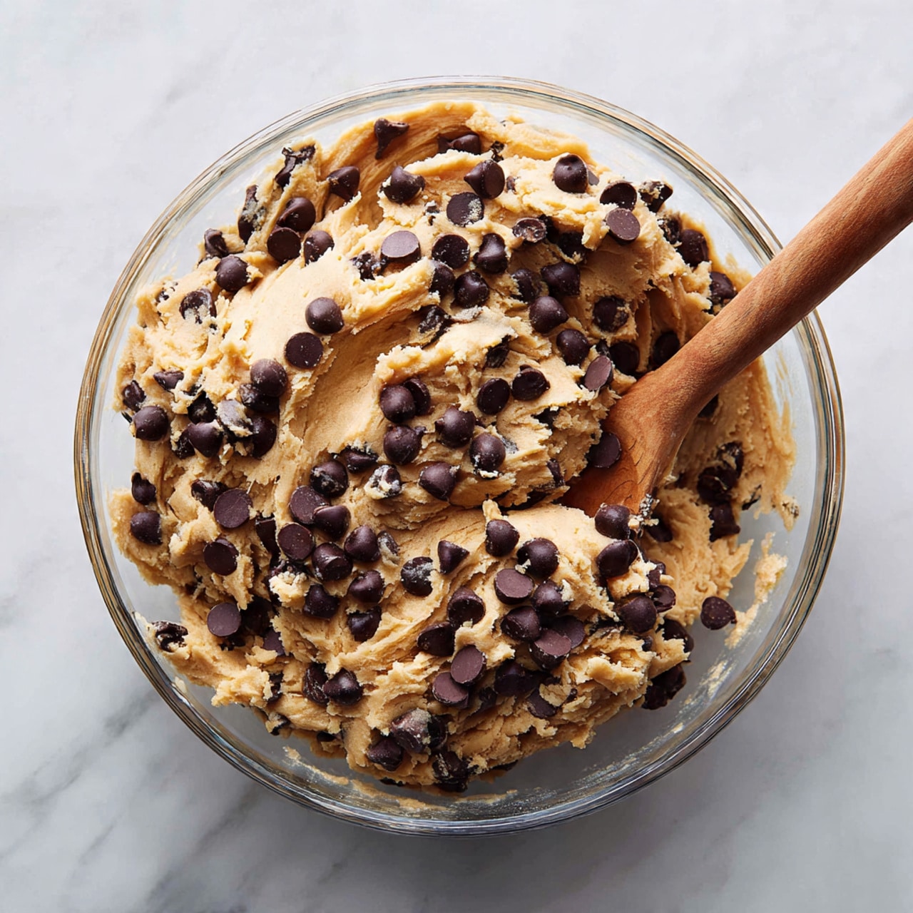 A clear glass bowl filled with thick, creamy cookie dough mixed with many dark chocolate chips scattered evenly. The dough is light brown with a soft, smooth texture while the chocolate chips add dark brown color and a bit of roughness. The bowl sits on a white marbled surface, and part of a wooden spoon is visible on the side, resting against the dough. The dough looks fresh and ready to be used. photo taken with an iphone --ar 4:5 --v 7