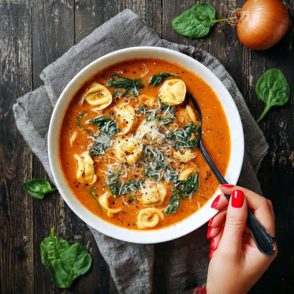 A white bowl filled with three layers: the bottom layer is a rich orange tomato-based soup, the middle layer has yellow tortellini pasta and green spinach leaves, and the top layer is lightly sprinkled with grated white cheese and black pepper. A woman's hand with red nail polish holds a black spoon on the right side of the bowl. The bowl sits on a dark wood surface with a gray cloth napkin on the left and a whole onion and some spinach leaves near the top and right edges. Photo taken with an iphone --ar 4:5 --v 7