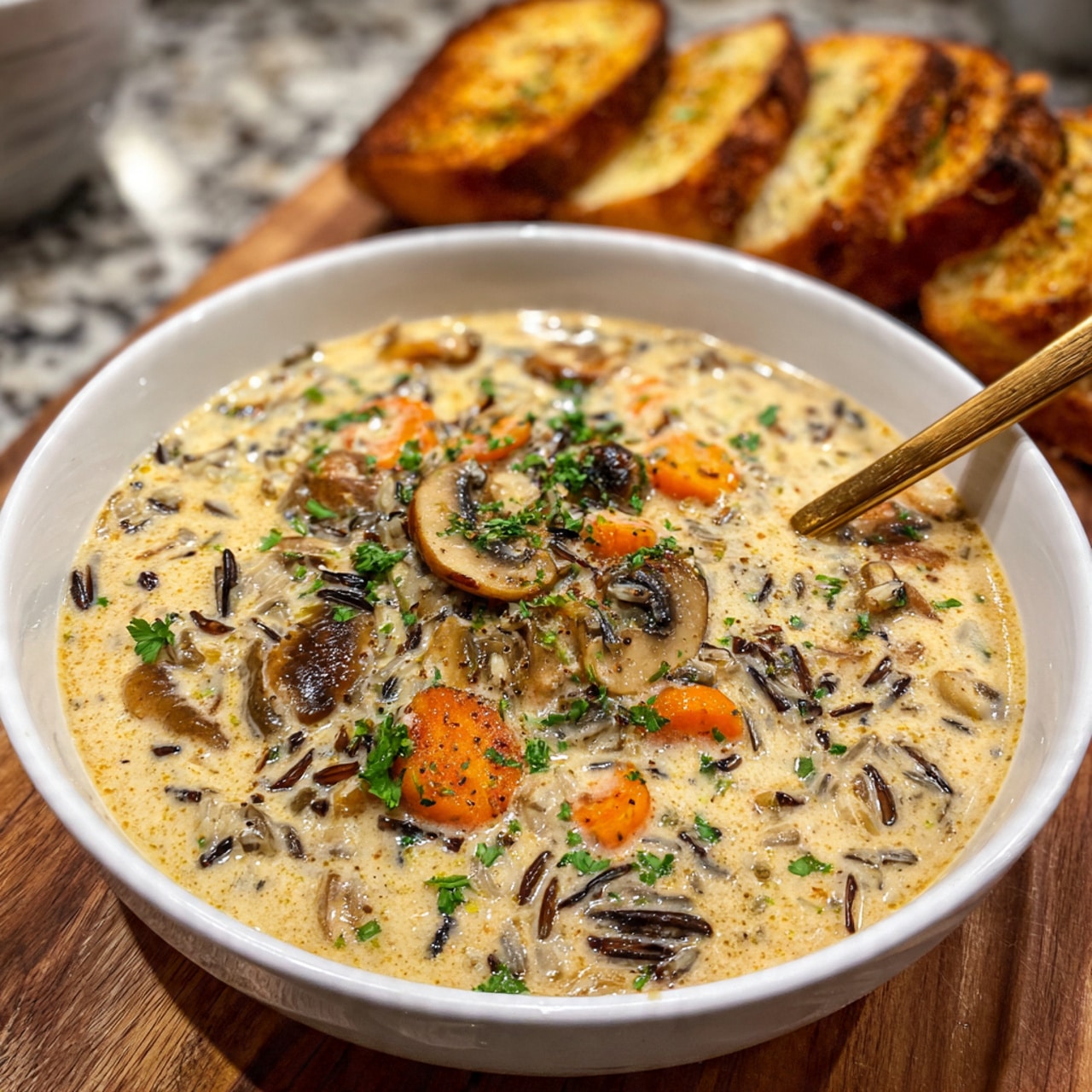 A shallow white bowl filled with creamy soup that has visible layers of thin orange carrot slices, dark brown and black wild rice strands, light brown mushroom slices, and small green parsley pieces sprinkled on top. The soup's light beige creamy base fills the bowl almost to the edges. In the background, there is a wooden board with a thick slice of toasted white bread that has a darker brown crust. The bowl is placed on a white marbled surface with small bits of parsley scattered around and a white cloth napkin near the bowl. A small wooden spoon is partially placed in the soup on the right side. Photo taken with an iphone --ar 4:5 --v 7