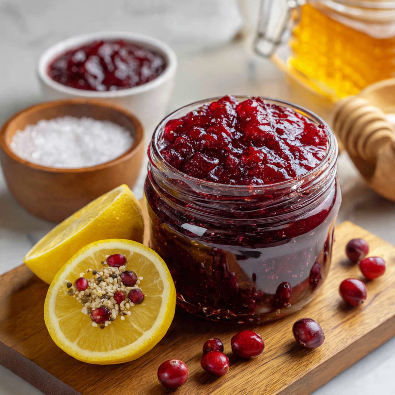 The image shows a glass jar filled with thick, deep red cranberry sauce, packed tightly with whole cranberries and a glossy texture on top. The jar sits on a wooden board, beside a half lemon with a vibrant yellow color and a slice of orange garnished with a few cranberries and seeds. In the background, there is a small white bowl filled with more cranberry sauce, a wooden bowl of coarse white salt, and a glass jar of golden honey, all arranged on a white marbled surface. The overall setting is warm and rustic, with the jar of cranberry sauce as the main focus. photo taken with an iphone --ar 4:5 --v 7