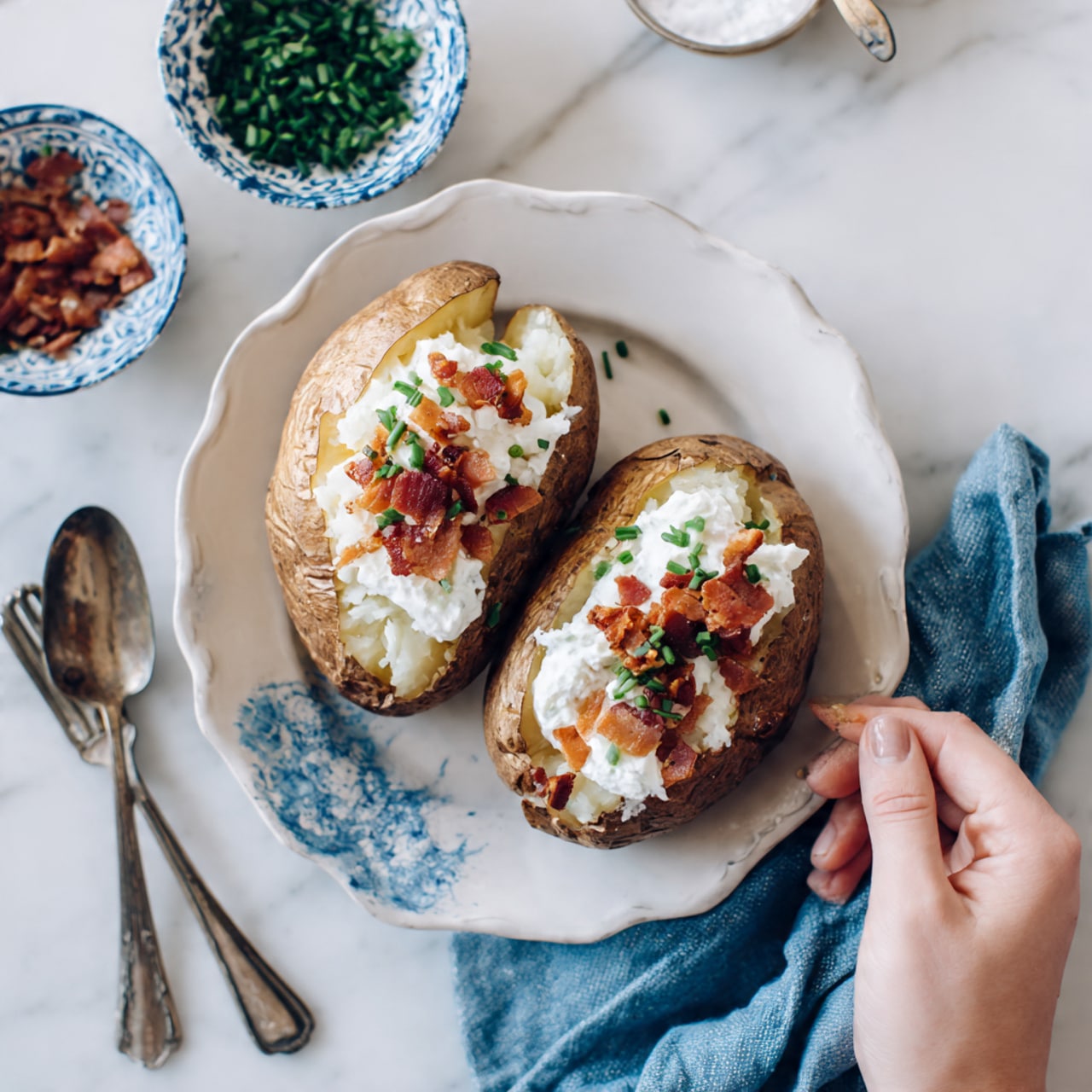 Two baked potatoes with brown, slightly wrinkled skins sit side by side on a white plate. Each potato is split open on the top, revealing a fluffy white inside. On the inner surface, a dollop of smooth white sour cream is placed in the center of each potato. Small bits of crispy, golden-brown bacon and finely chopped green chives are scattered on top of the sour cream and inside the potatoes, adding texture and color contrast. The plate rests on a white marbled surface, with a small bowl of sour cream nearby, a spoon with more bacon bits, and a blue cloth napkin partially visible. Woman's hand is reaching from the bottom left side near vintage-style knives. photo taken with an iphone --ar 4:5 --v 7