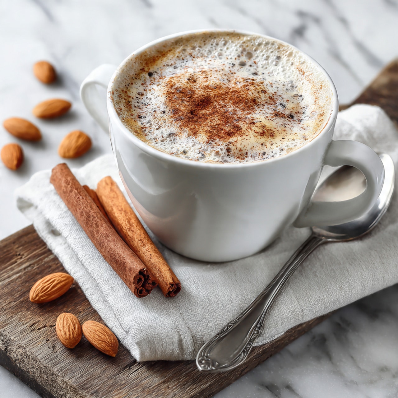 A white cup filled with light brown frothy drink that has small bubbles and specks of cinnamon on top. The cup is centered on a dark wooden surface, with two cinnamon sticks and three almonds placed to the left side. On the right side of the cup, there is a silver spoon resting on the surface and a white fabric partially visible. At the top left corner, a white bowl with cinnamon powder is partly shown. photo taken with an iphone --ar 4:5 --v 7