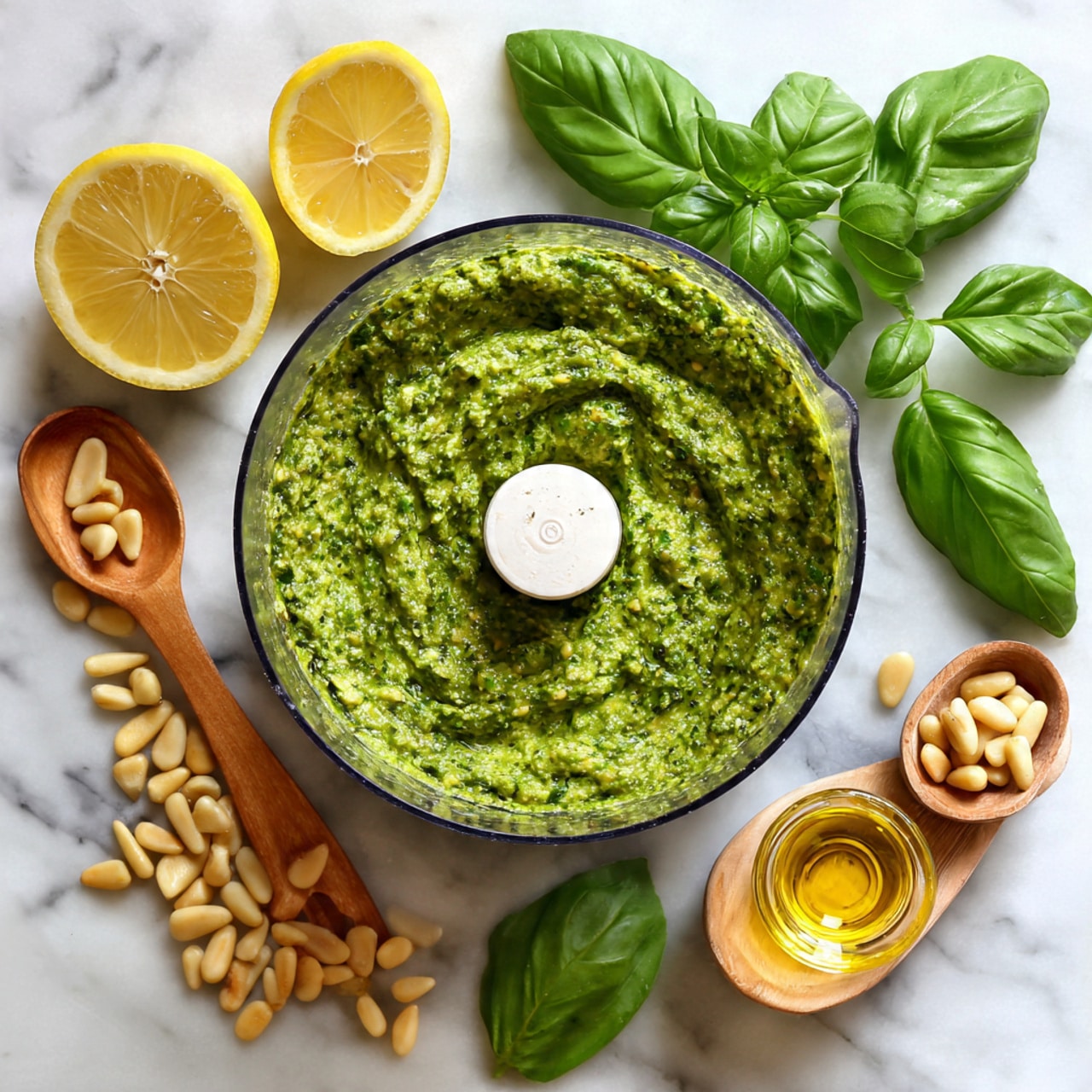 The image shows a clear food processor bowl filled with bright green pesto sauce with a slightly chunky texture, centered on a white marbled surface. Around the bowl, there are fresh basil leaves with deep green color, half a sliced lemon showing its yellow and pale inner texture, and a small pile of light pine nuts. A small wooden spoon rests near a clear glass cup of water, while a partially visible clear bottle with golden olive oil is at the bottom right. A white cloth with gray stripes lies at the lower left corner, adding a soft touch to the scene. Photo taken with an iphone --ar 4:5 --v 7