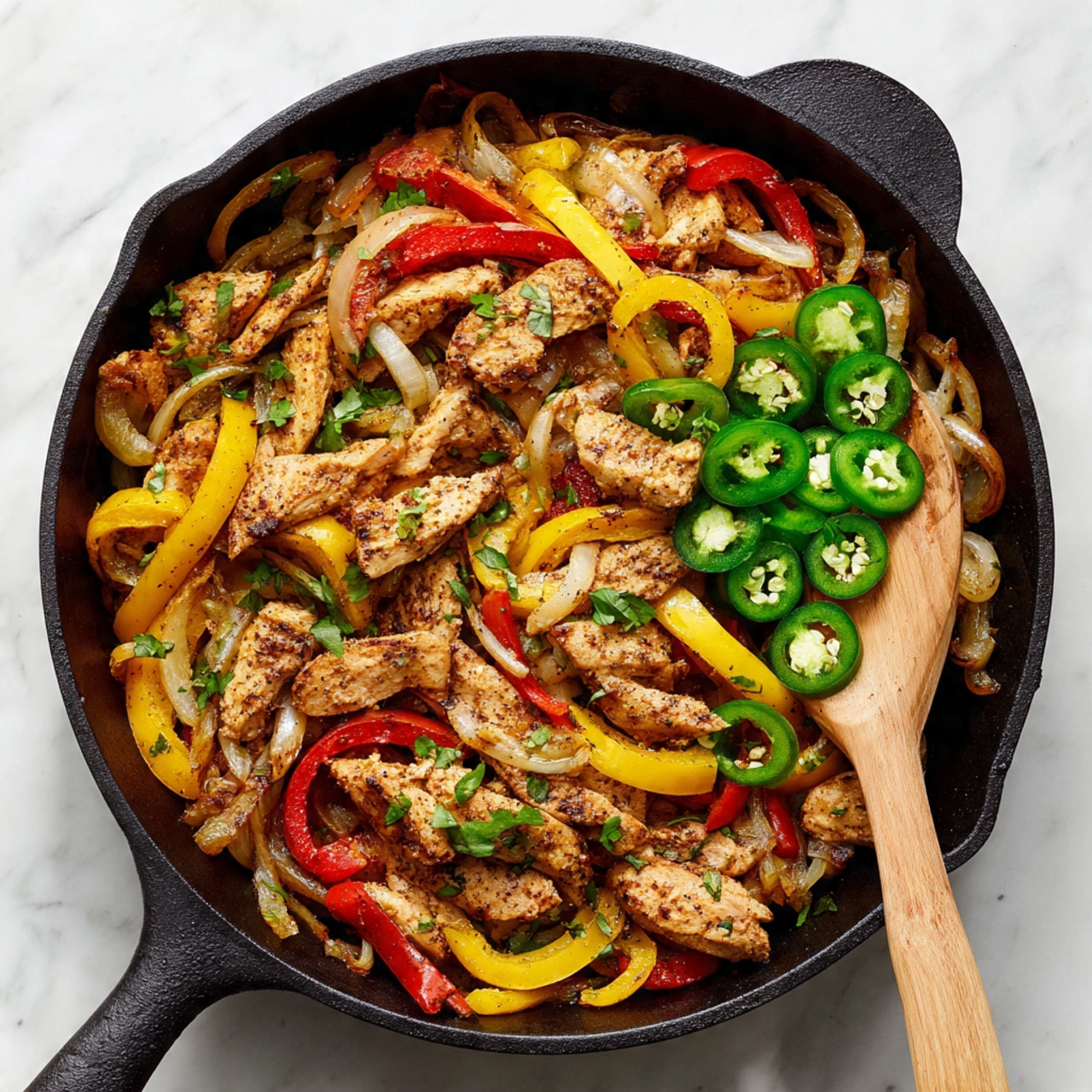 The image shows a black cast iron pan filled with layers of cooked food on a white marbled surface. The bottom layer consists of light brown, grilled pieces of chicken with some seasoning visible. On top of the chicken, there are thin slices of sautéed yellow and red bell peppers mixed with translucent cooked onions. Bright green slices of fresh jalapeño peppers are scattered across the top right side, with some spilling onto a wooden spatula resting on the side of the pan. Photo taken with an iphone --ar 4:5 --v 7