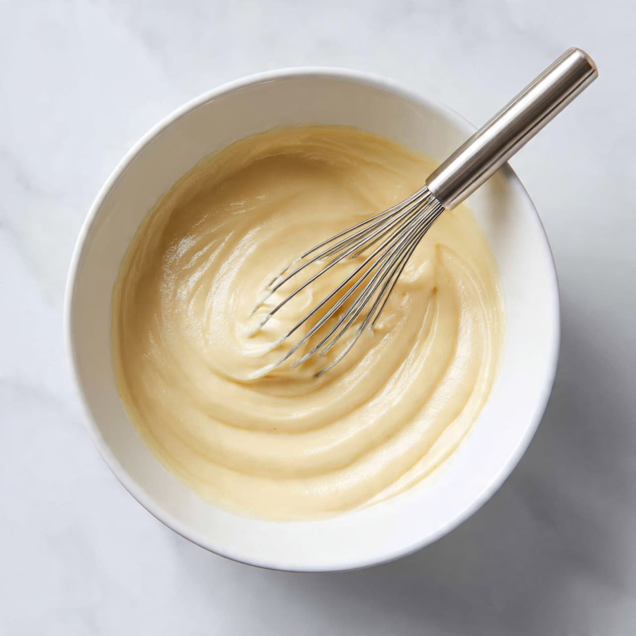 A white bowl filled with smooth, creamy, light beige batter is shown, with a silver whisk resting inside. The batter has a slightly thick texture, covering the whisk wires evenly. The bowl is placed on a white marbled surface, giving a clean and simple look. The scene is bright and softly lit, highlighting the glossy surface of the batter. Photo taken with an iphone --ar 4:5 --v 7