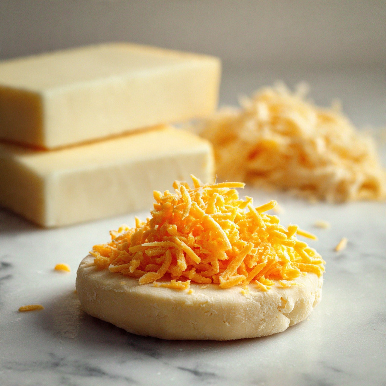 A small round base of pale dough is laid flat on a white marbled surface. On top of the dough, there is a bright pile of finely shredded orange-yellow cheese spread slightly but mostly centered, creating a soft textured mound that contrasts with the smooth dough. Behind this, two thick slices of white cheese with a soft, slightly rough texture rest quietly on the surface, adding a calm backdrop. The light is soft, coming from the left, casting gentle shadows under the cheese and dough. photo taken with an iphone --ar 4:5 --v 7