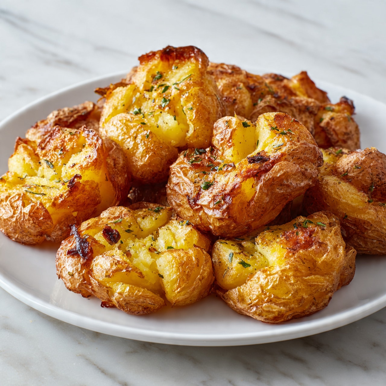 The image shows a white plate filled with about ten smashed roasted potatoes. Each potato is golden brown with crispy, slightly charred edges and rough, wrinkled brown skin that peels back in places to show the soft yellow inside. The potatoes are sprinkled with bits of dark roasted garlic, black pepper, and small green herb pieces, adding texture and color contrast. The surface underneath the plate appears as a white marbled texture. The photo taken with an iphone --ar 4:5 --v 7