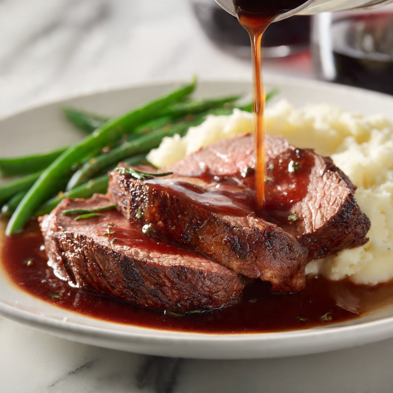 The dish shows two thick slices of cooked beef with a pink center and a browned outer edge, stacked slightly on a white plate. Rich, dark brown sauce is being poured from a metal container onto the top slice, spreading over the meat and pooling a little on the plate. In the background, there is a blurred mound of light, fluffy mashed potatoes and some green beans, all set on a white marbled surface. The photo is close up, focusing on the beef and sauce pour, with soft lighting highlighting the meat’s texture and juices. photo taken with an iphone --ar 4:5 --v 7