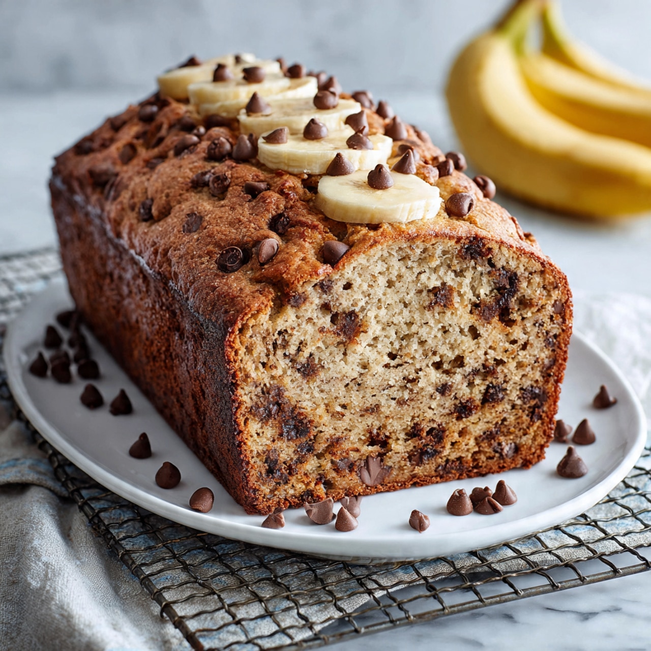 The image shows a loaf of banana bread sliced and placed on a round white plate with a wire cooling rack underneath. The banana bread has a golden-brown crust and a soft, moist inside filled with small chocolate chips. The top of the loaf is decorated with several round banana slices and a generous sprinkling of mini chocolate chips. The plate and bread sit on a white marbled surface. Photo taken with an iphone --ar 4:5 --v 7
