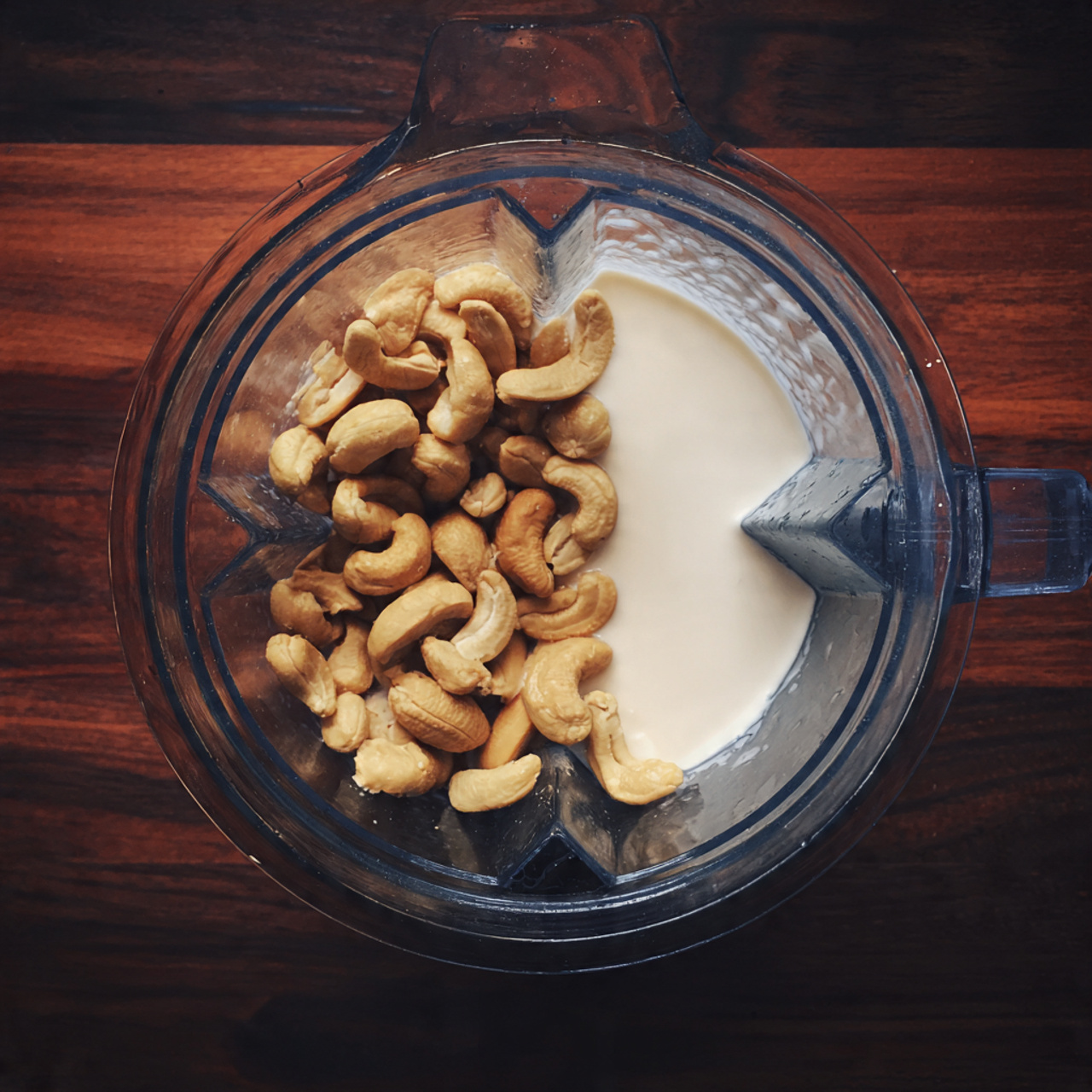 A clear blender bowl is shown from above, sitting on a dark wooden surface. Inside the blender, there are two layers: one side has a pile of raw cashew nuts with a light tan color and smooth texture, while the other side has a mound of white creamy coconut cream. The blender bowl’s clear sides reveal the mix inside against the wooden background. photo taken with an iphone --ar 4:5 --v 7