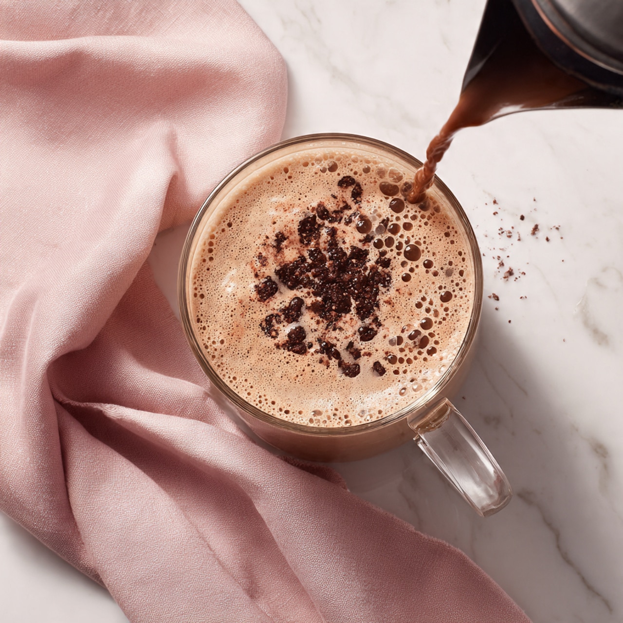 A clear glass mug filled with foamy, light brown hot chocolate is shown from above. The drink has clumps of dark brown cocoa powder floating on the surface, adding a rough texture. A black kettle spout pours more liquid into the mug, causing small bubbles and ripples in the drink. Next to the mug is a soft, pale pink cloth draped gently on a white marbled surface. Photo taken with an iphone --ar 4:5 --v 7