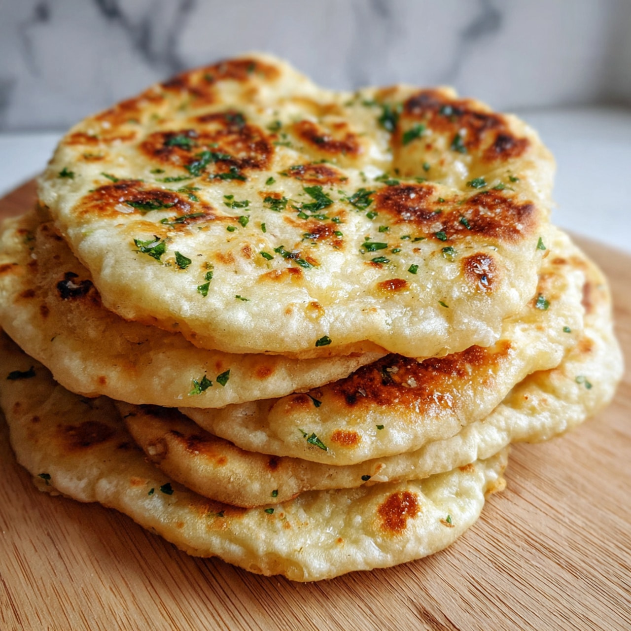 A close-up view of a stack of soft flatbreads with light brown golden spots spread unevenly across the surface, showing a smooth, slightly puffy texture with small bubbles. The flatbreads are off-white with a shiny oily sheen on top and scattered small green herb pieces for garnish. They rest on a light wooden surface with a blurred white marbled background. Photo taken with an iphone --ar 4:5 --v 7
