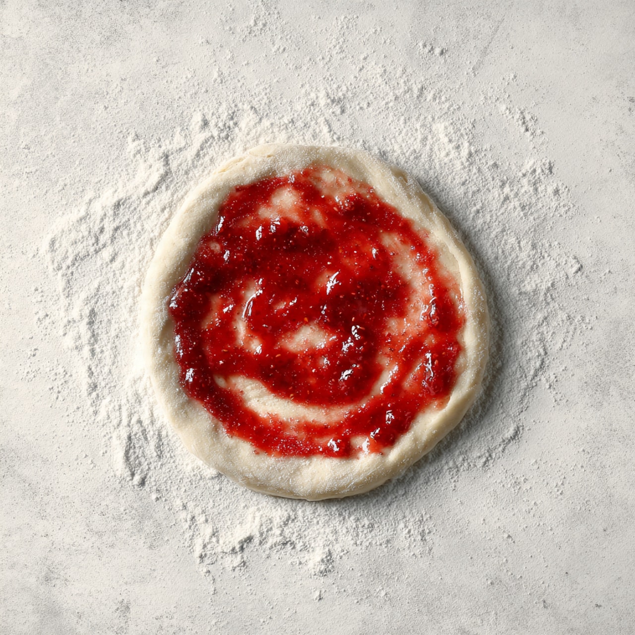 The image shows one layer of light beige pizza dough with uneven round edges placed on a white marbled surface. On top, there are uneven patches of dark red tomato sauce spread thinly across the dough with some areas more concentrated, giving a textured look. The dough looks soft and slightly shiny, with some flour dust on the edges. photo taken with an iphone --ar 4:5 --v 7
