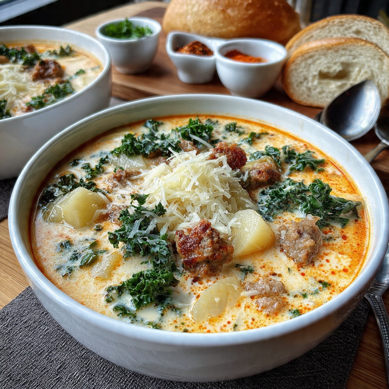 A white bowl filled with creamy soup that has three main layers: chunks of light yellow potatoes, crumbled browned sausage, and dark green kale leaves all mixed in a smooth, pale orange broth. There are small bits of white cheese sprinkled on top, and a silver spoon resting inside the bowl with some kale on it. The bowl is placed on a white marbled surface with a striped cloth beside it and pieces of bread in the background. Photo taken with an iphone --ar 4:5 --v 7