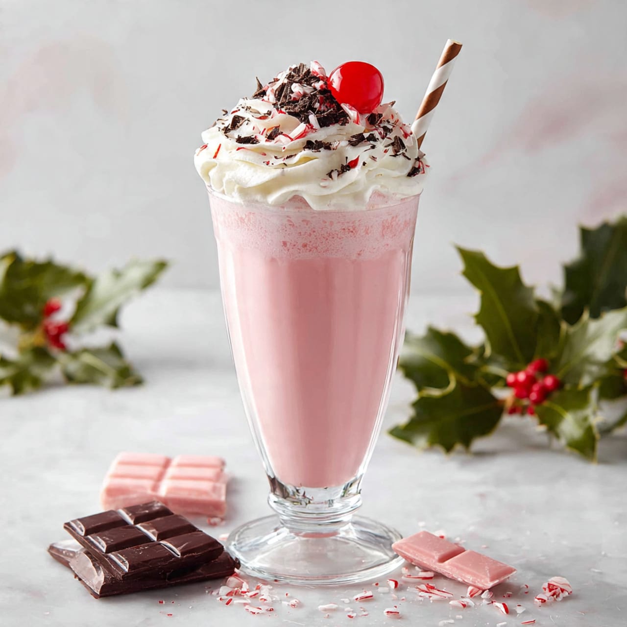 A tall clear glass holds a pink milkshake topped with a large swirl of white whipped cream. On top of the whipped cream sits a bright red cherry and small pieces of crushed dark chocolate and peppermint candy are sprinkled over it. A white and brown striped paper straw is placed on one side of the whipped cream. Around the base of the glass on the white marbled surface, there are scattered round white peppermint candies with red stripes and pale pink chocolate squares. In the background, two more glasses of the pink milkshake with white whipped cream tops are partially visible, along with some green holly leaves and red berries. Photo taken with an iphone --ar 4:5 --v 7