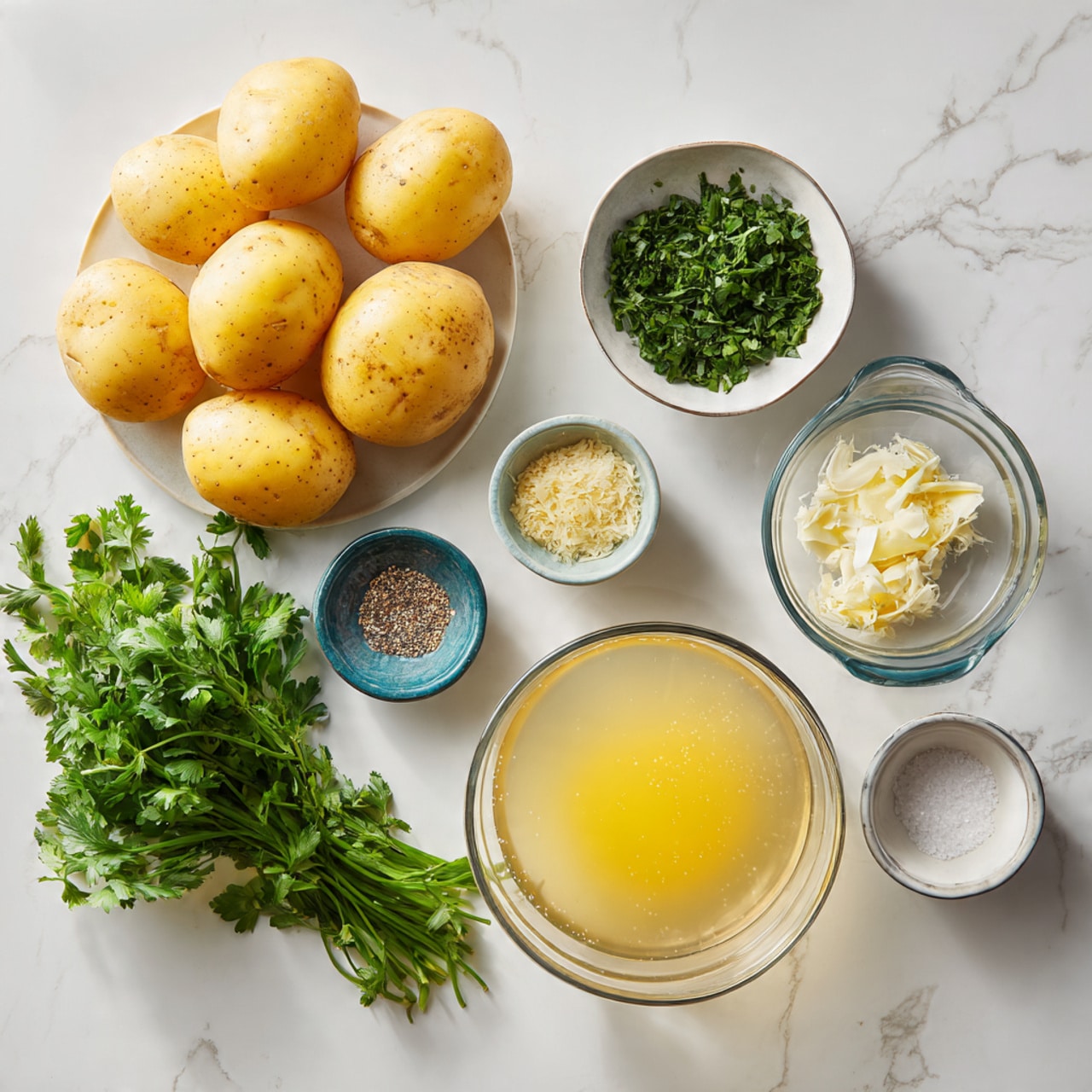 The image shows six yellow potatoes with dirt on them inside a clear glass bowl at the back left. In front to the right, there is a clear glass measuring cup with light yellow liquid, placed on a white marbled surface. In front of that, a smaller round glass bowl holds some chopped fresh green herbs. Next to it, there is a very small glass bowl with minced garlic. In front and left, a clear measuring cup contains bright yellow melted butter. Lastly, a small white bowl in front holds a mix of coarse black pepper and salt. All the items are spaced evenly on the white marbled surface. photo taken with an iphone --ar 4:5 --v 7