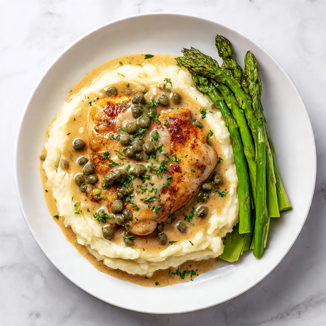 On a white plate, there is a golden brown cooked piece of chicken placed on top of creamy mashed potatoes covered in a light beige sauce with green capers scattered around both layers. To the right side of the plate, there is a small bunch of bright green asparagus spears neatly lined up. The sauce has a smooth and slightly thick texture, with bits of green herbs sprinkled on the chicken and sauce. The white plate sits on a white marbled surface. Photo taken with an iphone --ar 4:5 --v 7
