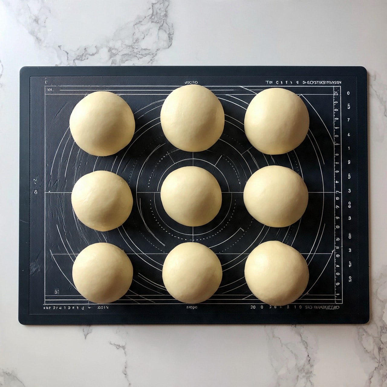 The image shows six round dough balls arranged neatly in two rows of three on a dark baking mat that has measurement markings. Each dough ball is smooth, pale beige in color, and slightly puffy, evenly spaced apart from each other. The background is a white marbled texture. Photo taken with an iphone --ar 4:5 --v 7