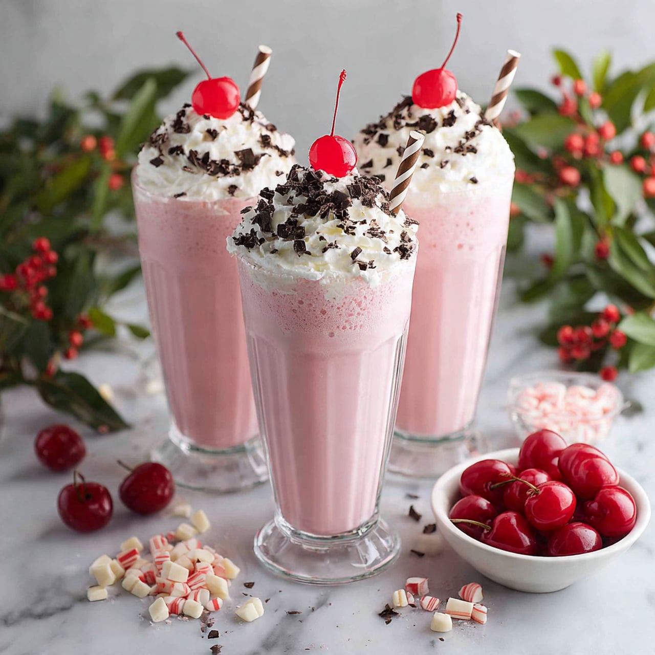 Three tall glasses of pink milkshake are shown, each with a thick layer of white whipped cream on top. Each glass is decorated with a single red cherry in the middle of the whipped cream and sprinkled with small pieces of dark chocolate. The milkshakes have white and brown striped paper straws sticking out from the whipped cream. Around the glasses, there are scattered white and red striped peppermint candies and pale rectangular peppermint bark pieces. A small white bowl filled with bright red cherries sits in the front left corner on a white marbled surface. Green leaves with red berries are placed behind the glasses photo taken with an iphone --ar 4:5 --v 7