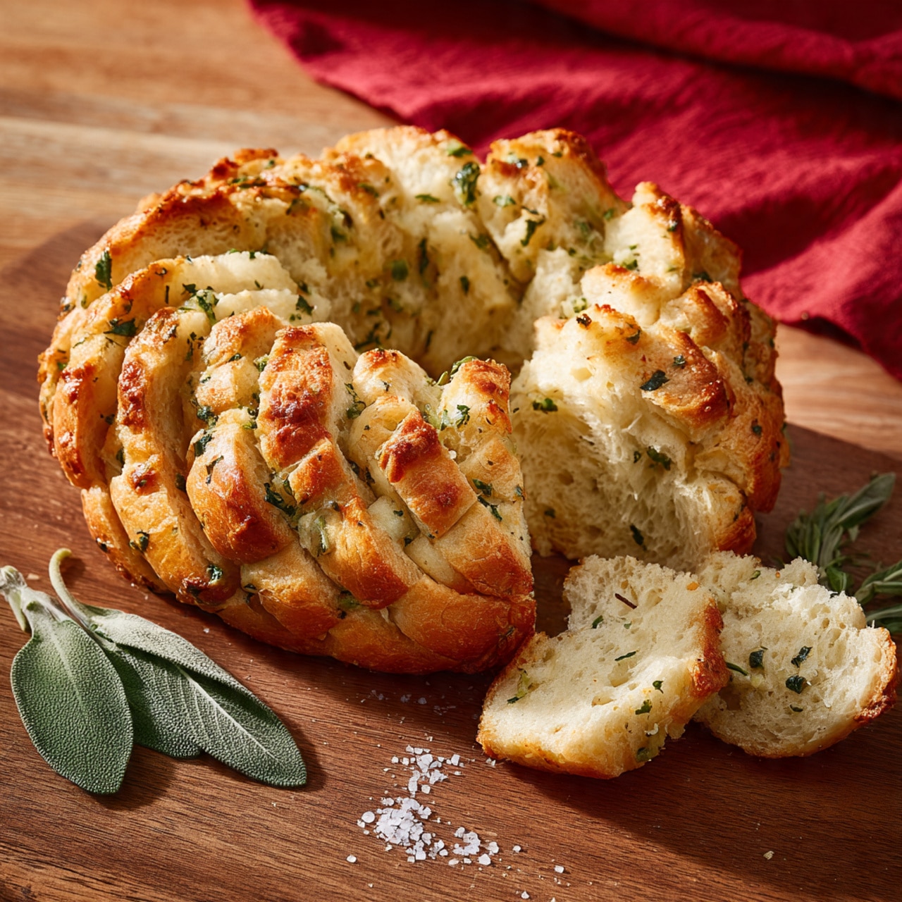 A round bread wreath with about 12 thick layered sections, each section showing multiple thin layers of soft dough with a golden baked outer edge. The layers are sprinkled with green herbs and coarse salt, adding texture. The bread stands on a dark wooden surface with a few fresh green leaves and grains of salt scattered around. A black bowl with a spoon and some liquid is visible in the bottom right corner. The background is a white marbled texture. photo taken with an iphone --ar 4:5 --v 7