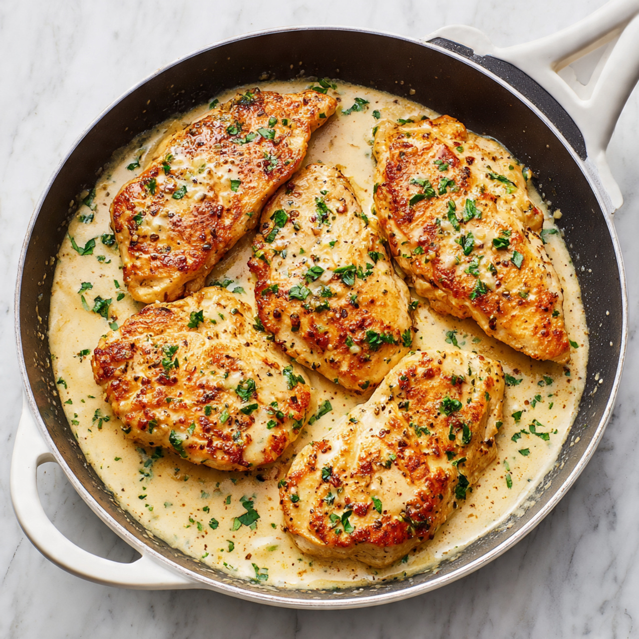 A white pan with a black inside holds four pieces of golden-brown cooked chicken on top of a creamy, light beige sauce. The chicken pieces are placed in the sauce, slightly submerged but mostly visible. Small green herb flakes are scattered on the chicken and sauce, adding a touch of color. The pan is placed on a white marbled surface. photo taken with an iphone --ar 4:5 --v 7