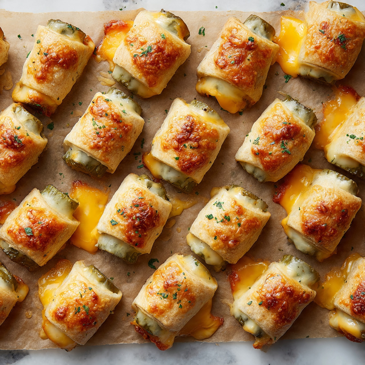 The image shows small little rolls made with light dough wrapped around small green pickles. The dough is light beige and looks soft, with some melted yellow cheese dripping on the brown paper under them. The rolls have some green herb sprinkles on top and are arranged in rows on parchment paper. The background is a white marbled texture. photo taken with an iphone --ar 4:5 --v 7