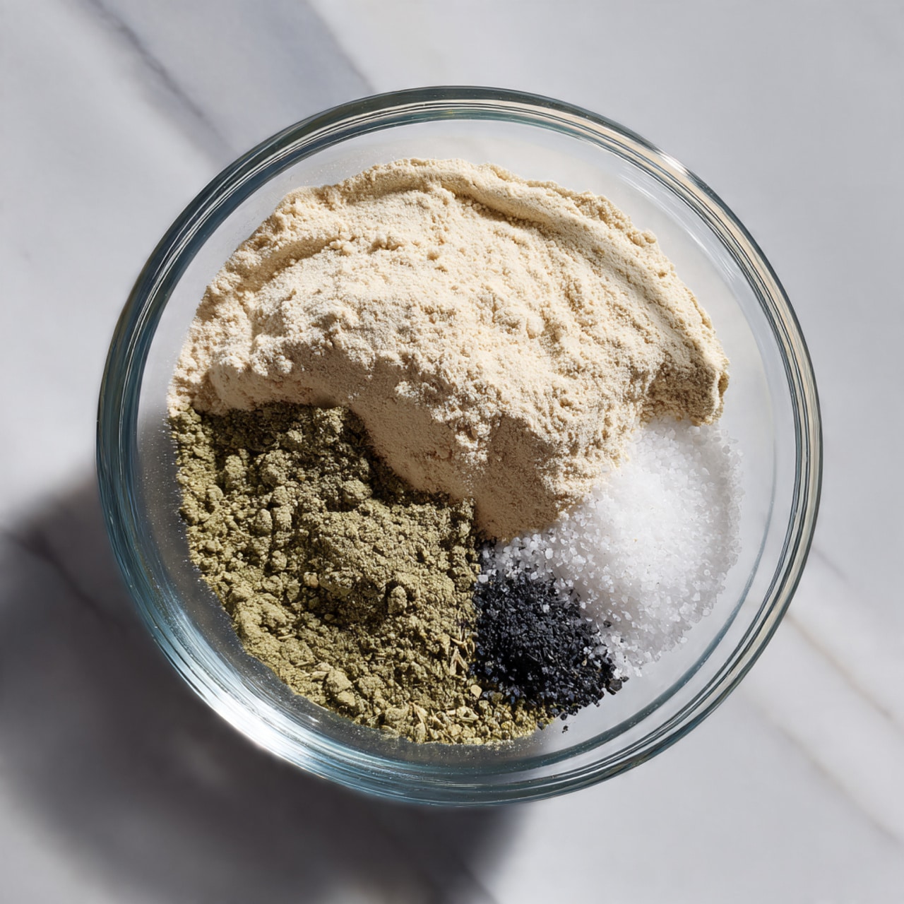 A clear glass bowl sits on a white marbled surface, filled with three different dry ingredients arranged in separate sections. The largest section, covering about half the bowl, is a light beige fine powder. To the right of it, there is a smaller heap of finely ground green herb-like powder. Next to this green powder, there is a tiny pile of white granules, likely salt, and a fourth tiny portion of black granules near the center. The surface reflects soft daylight, highlighting the textures clearly. photo taken with an iphone --ar 4:5 --v 7