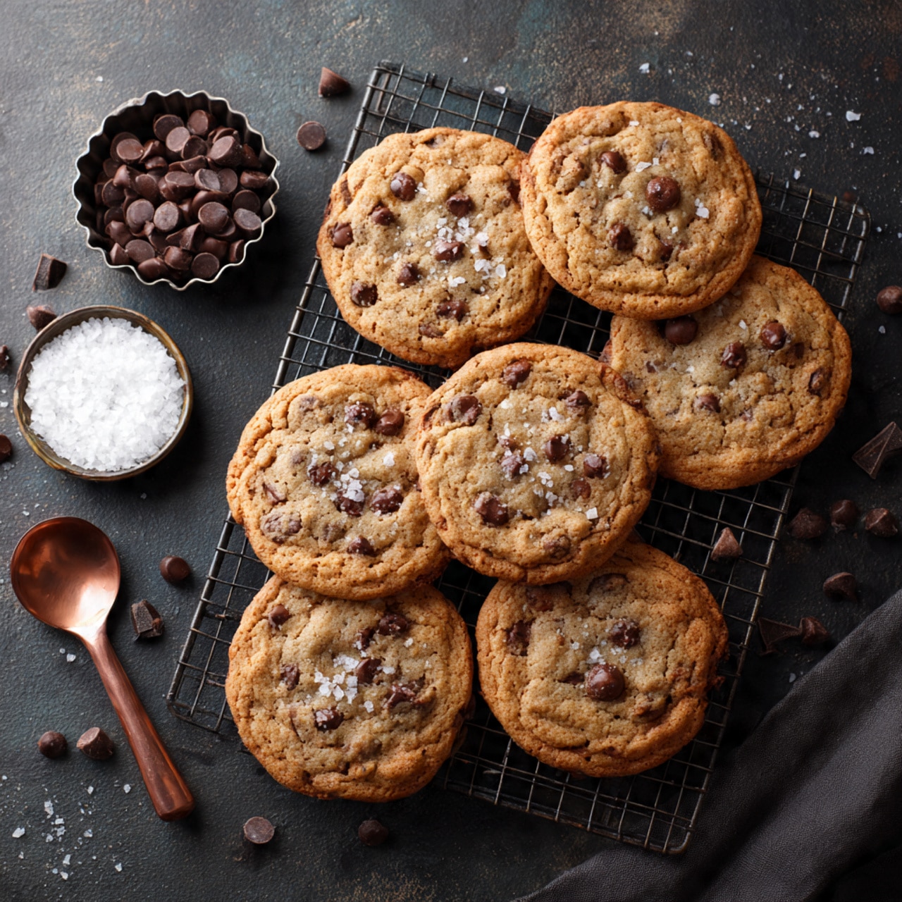 The image shows several chocolate chip cookies placed on a dark cooling rack. Each cookie has a golden-brown edge with a soft, slightly lighter brown center loaded with scattered dark chocolate chips. The cookies have small flakes of coarse salt sprinkled on top, enhancing the texture. To the right of the cookies, there is a small white bowl filled with dark chocolate chips and a round tart tin filled with coarse white salt, a copper spoon resting on the salt adding a metallic contrast. The whole scene is set against a white marbled surface photo taken with an iphone --ar 4:5 --v 7