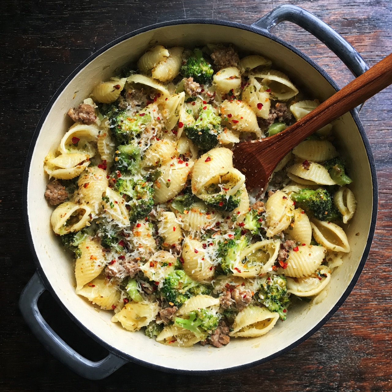 Inside a white pot with a black rim, there is a mix of small shell-shaped pasta, green broccoli pieces, and small crumbly brown meat bits, all stirred together. The pasta is light yellow with a smooth texture, while the broccoli is bright green and looks slightly soft. Tiny flakes of white cheese and red pepper flakes are scattered on top, adding extra texture. A wooden spoon with a long handle is placed inside the pot, partially buried in the food. The pot sits on a white marbled surface. photo taken with an iphone --ar 4:5 --v 7
